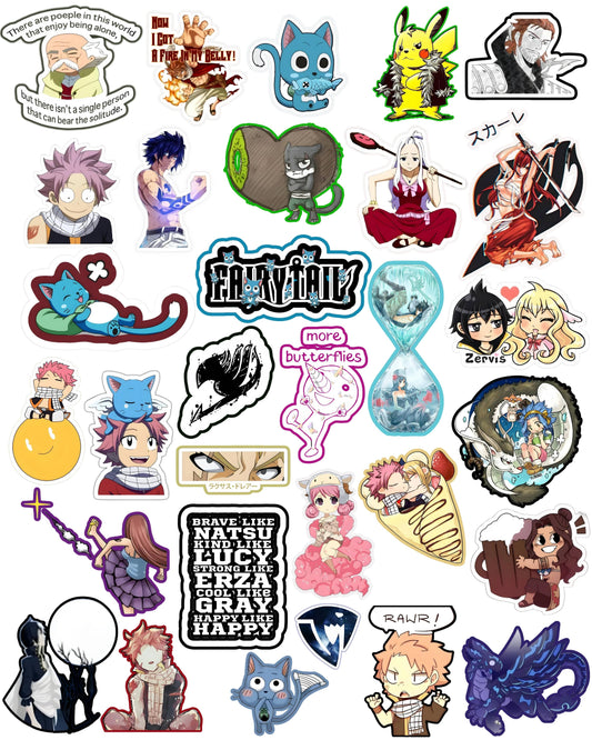 Assorted collection of anime and fantasy-themed vinyl stickers from ZenStickers, featuring popular anime characters, mythical creatures, and fantasy motifs perfect for personalizing laptops and mobile devices with high-quality, durable designs.