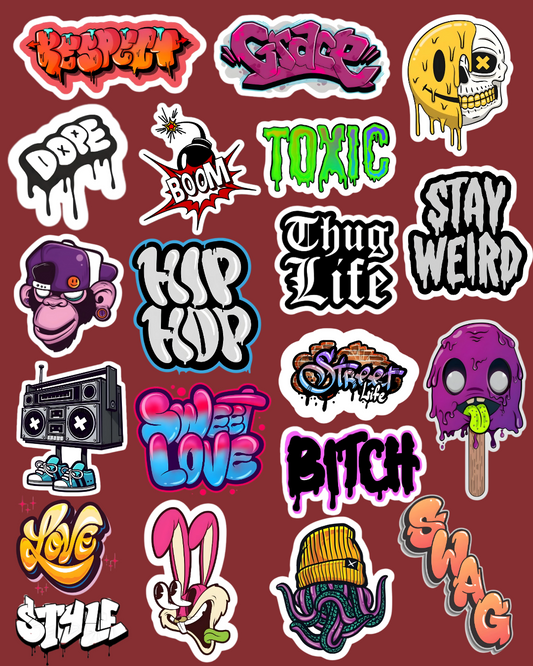 A collection of ZenStickers featuring edgy street art-inspired designs like 'Respect' and 'Thug Life' in graffiti fonts, a 'Hip Hop' gorilla, and a 'Stay Weird' skull, perfect for adding urban flair to personal items."