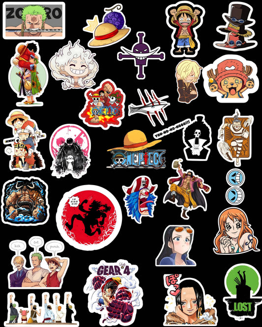 A collection of One Piece anime stickers featuring iconic characters. Includes Gear 5 Luffy, the formidable Kaido, the cunning Doflamingo, the whimsical Buggy, and the legendary Straw Hat Pirates crew.